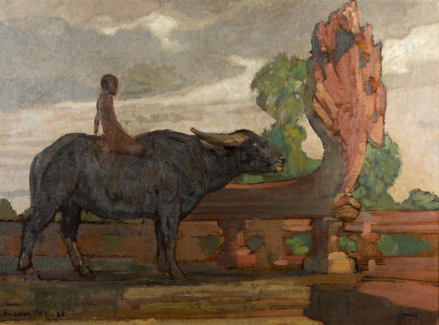 Enfant chevauchant un buffle à Angkor, 1922.